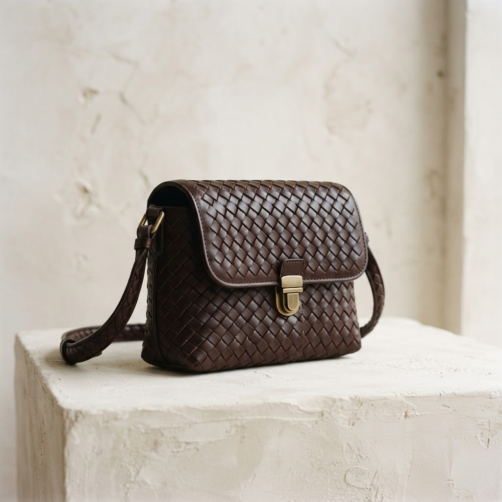 Espresso woven leather shoulder handbag